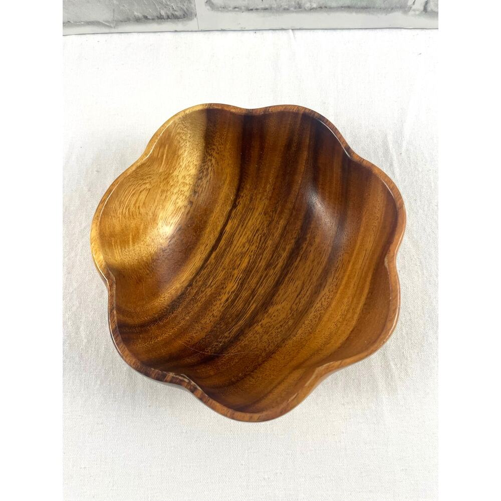 Vintage Monkey Pod Wood Bowl Scalloped Flower Mid Century Serving 6 Inch